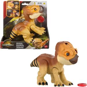 Mattel Jurassic World Rebirth Primal Protector Aquilops Dolores Interactive Dinosaur Toy with Attack Action & Sounds, Pet-Style Electronic Figure with Food Accessory