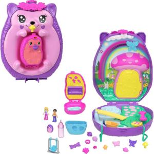 Polly Pocket 2-in-1 Travel Toy with 2 Micro Dolls and 16 Accessories, Hedgehog Purse Playset with Pet Theme(Hedgehog)
