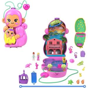 Polly Pocket 2-in-1 Travel Toy with 2 Micro Dolls and 16 Accessories, Hedgehog Purse Playset with Pet Theme(Monkey)