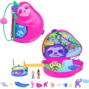 Polly Pocket 2-in-1 Travel Toy with 2 Micro Dolls and 16 Accessories, Hedgehog Purse Playset with Pet Theme(Sloth)