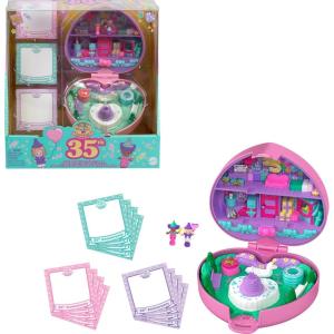 Polly Pocket Dolls & Playset, Collector Heritage Compact, 35th Birthday Partytime Stamper with 2 Micro Dolls, 3 Party Stamps & 12 Stationary Cards
