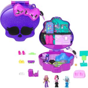 Polly Pocket Monster High Playset with 3 Micro Dolls & 10 Accessories, Opens to High School, Collectible Travel Toy with Storage(Multicolor)