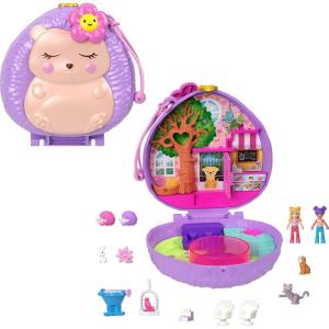 Polly Pocket Playset with 2 Micro Dolls & 12 Accessories, Straw-Beary Patch Compact Travel Toy with Fidget Exterior(Hedgehog)