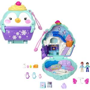 Polly Pocket Playset with 2 Micro Dolls & 12 Accessories, Straw-Beary Patch Compact Travel Toy with Fidget Exterior(Penguin)