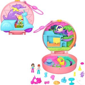 Polly Pocket Playset with 2 Micro Dolls & 12 Accessories, Straw-Beary Patch Compact Travel Toy with Fidget Exterior(Puppy Moped)