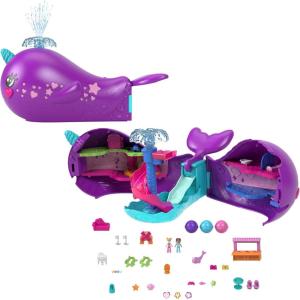 Polly Pocket Toy Boat Playset with 2 Dolls, Surprise Accessories & Water Play, Sparkle Cove Adventure Narwhal Boat(Modern)