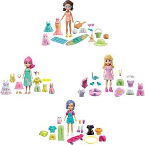 Polly Pocket Travel Toy Playset with 4 (3-inch) Dolls & 50+ Fashion Accessories, Splashin’ Style Fashion Pack