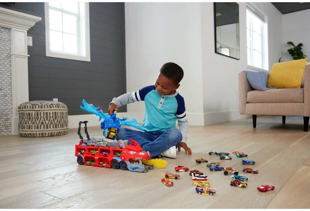 imageHot Wheels City Toy Car Track Set Ultimate Dual Dragon Transporter ampamp 2 DieCast Cars LargeScale ampamp Detachable Dragon Stores 20 Vehicles