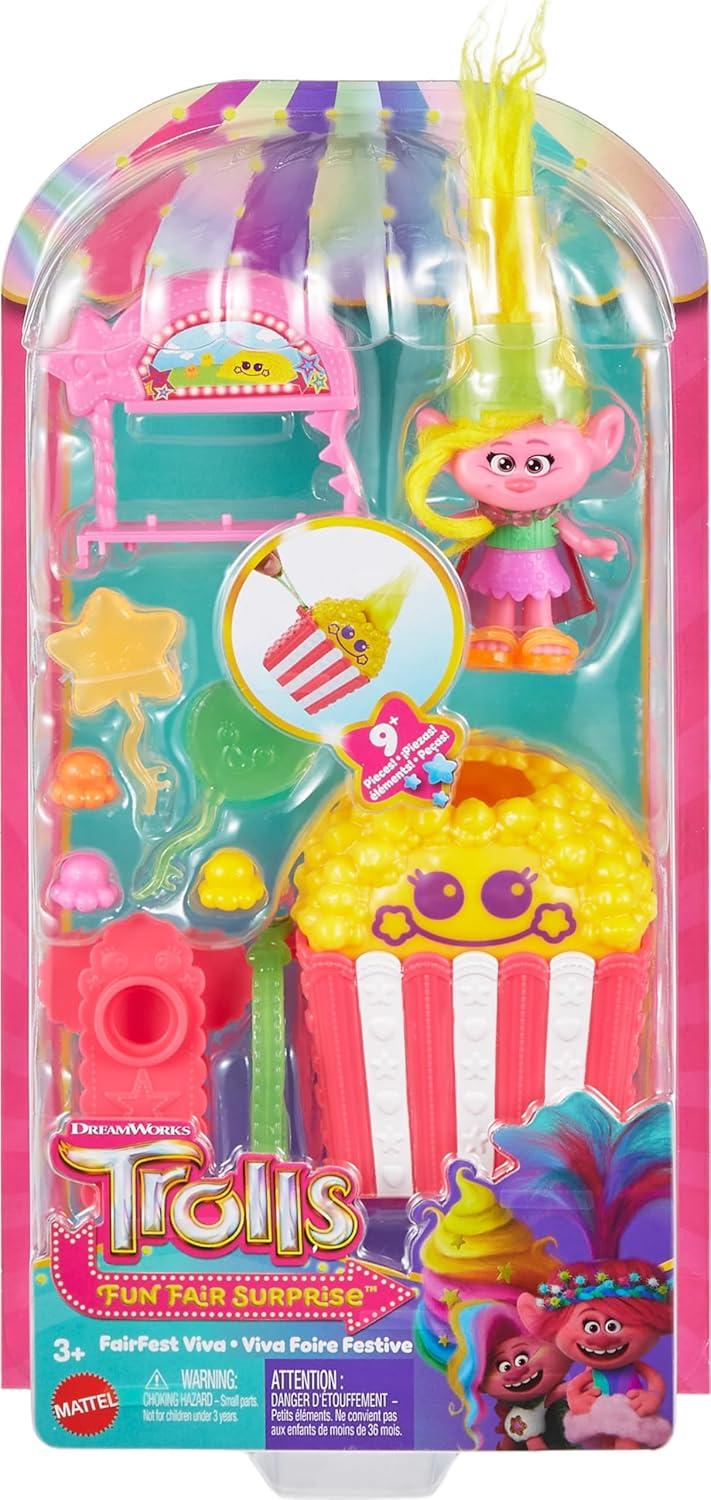 imageMattel DreamWorks Trolls Fun Fair Surprise FairFest Small Doll ampamp 10 Accessories Carnival Food Popcorn Theme with Queen PoppyViva