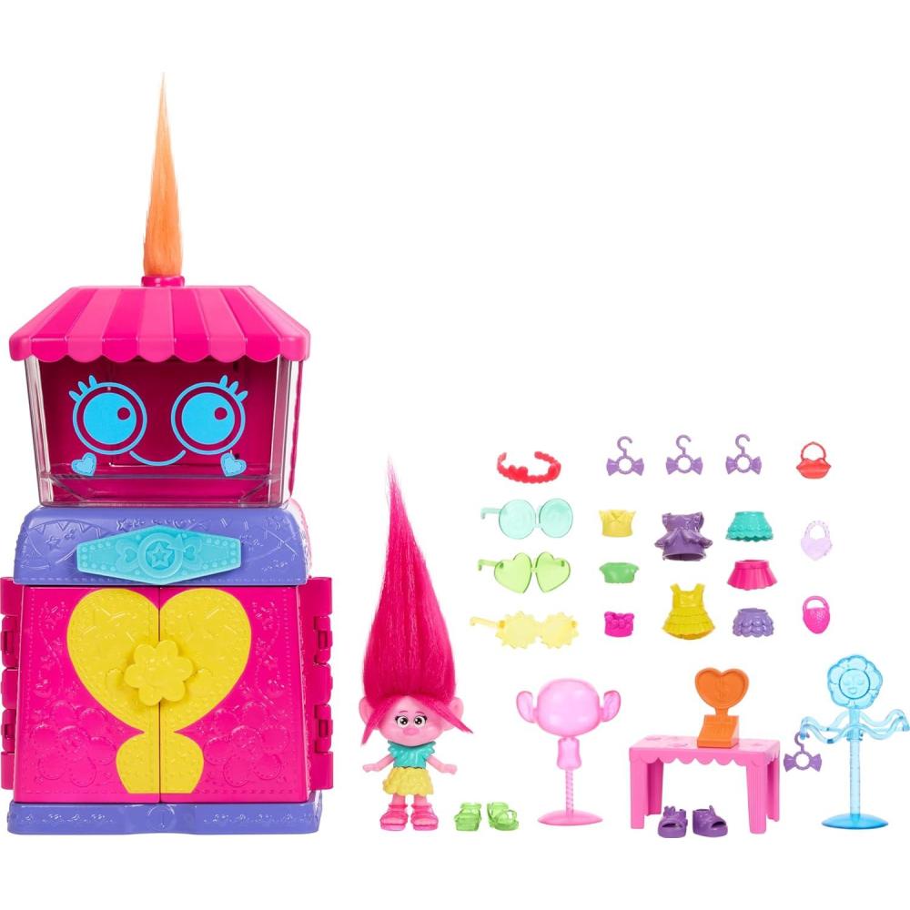 imageMattel DreamWorks Trolls Fun Fair Surprise Fairtastic Fashion Boutique Playset with Queen Poppy Small Doll ampamp 25 Accessories