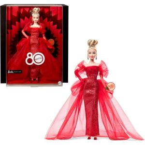 Barbie Signature Doll, Mattel 80th Anniversary Collectible in Glittery Red Tulle Gown with Drop Earrings and Sheer Gloves, Blonde Hair