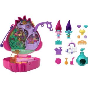 Polly Pocket Trolls Compact Playset with 2 Micro Dolls &13 Accessories, Poppy Exterior with Soft Hair, Collectible Toy Includes Poppy & Branch(Trolls Compact Playset)