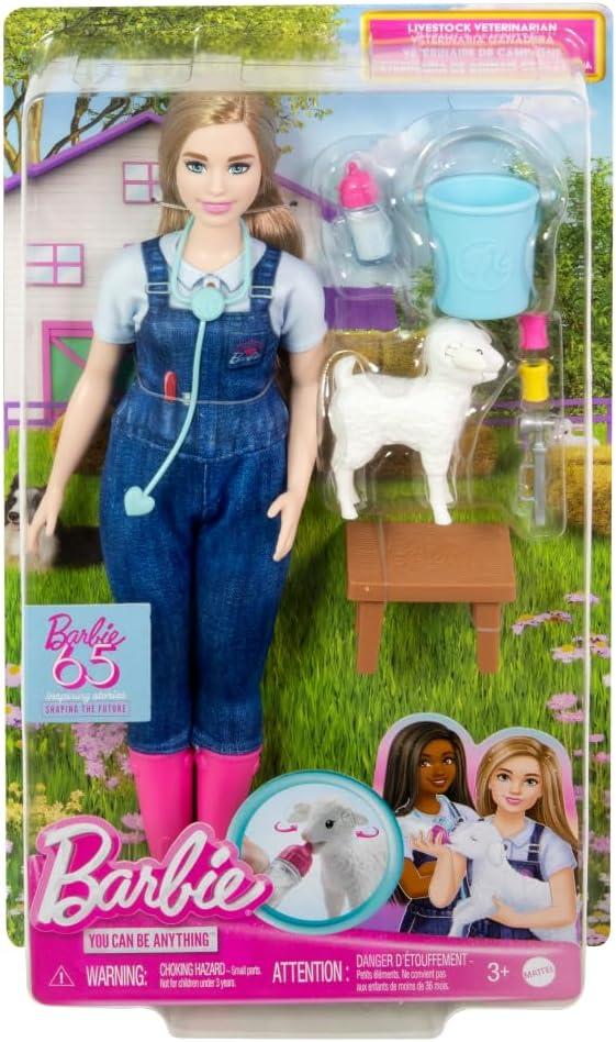 imageBarbie 65th Anniversary Doll ampamp 10 Accessories Farm Veterinarian Set with Blonde Vet Doll Lamb with Moving Ears ampamp MoreFarm Vet