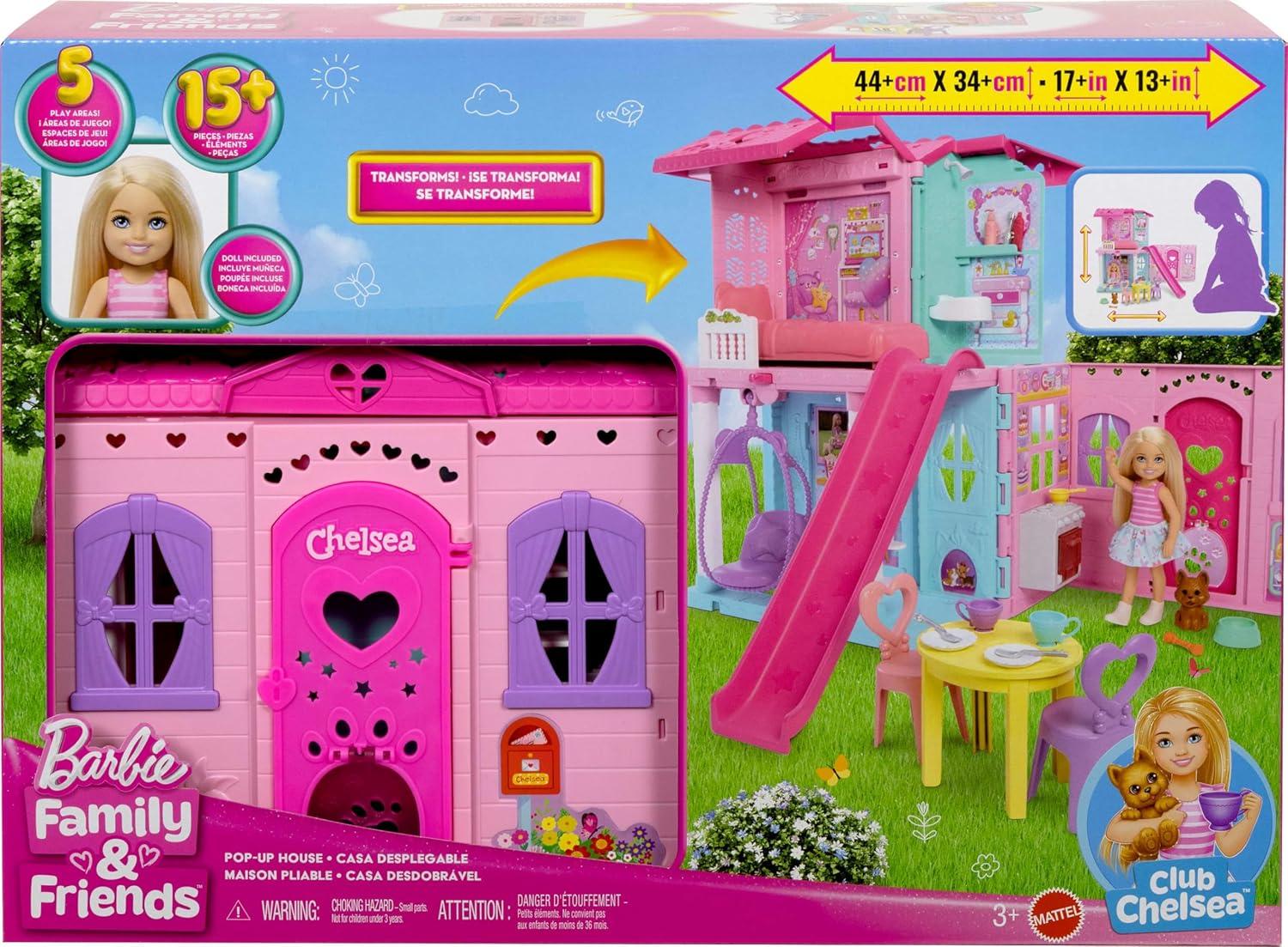 imageBarbie Chelsea Toy Dollhouse with 15 Accessories PopUp House Expands to 17 x 13 inches with 5 Play Areas ampamp Slide Includes Small Doll ampamp Pet Dog