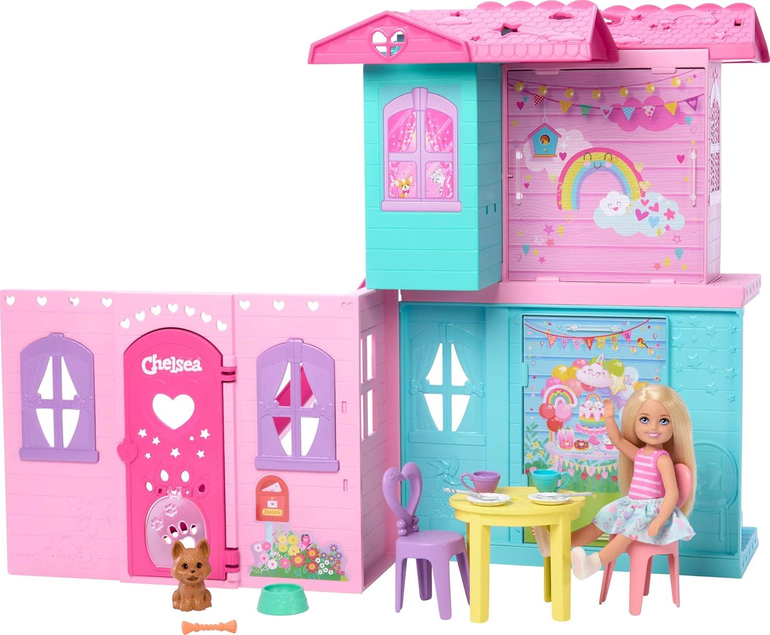imageBarbie Chelsea Toy Dollhouse with 15 Accessories PopUp House Expands to 17 x 13 inches with 5 Play Areas ampamp Slide Includes Small Doll ampamp Pet Dog
