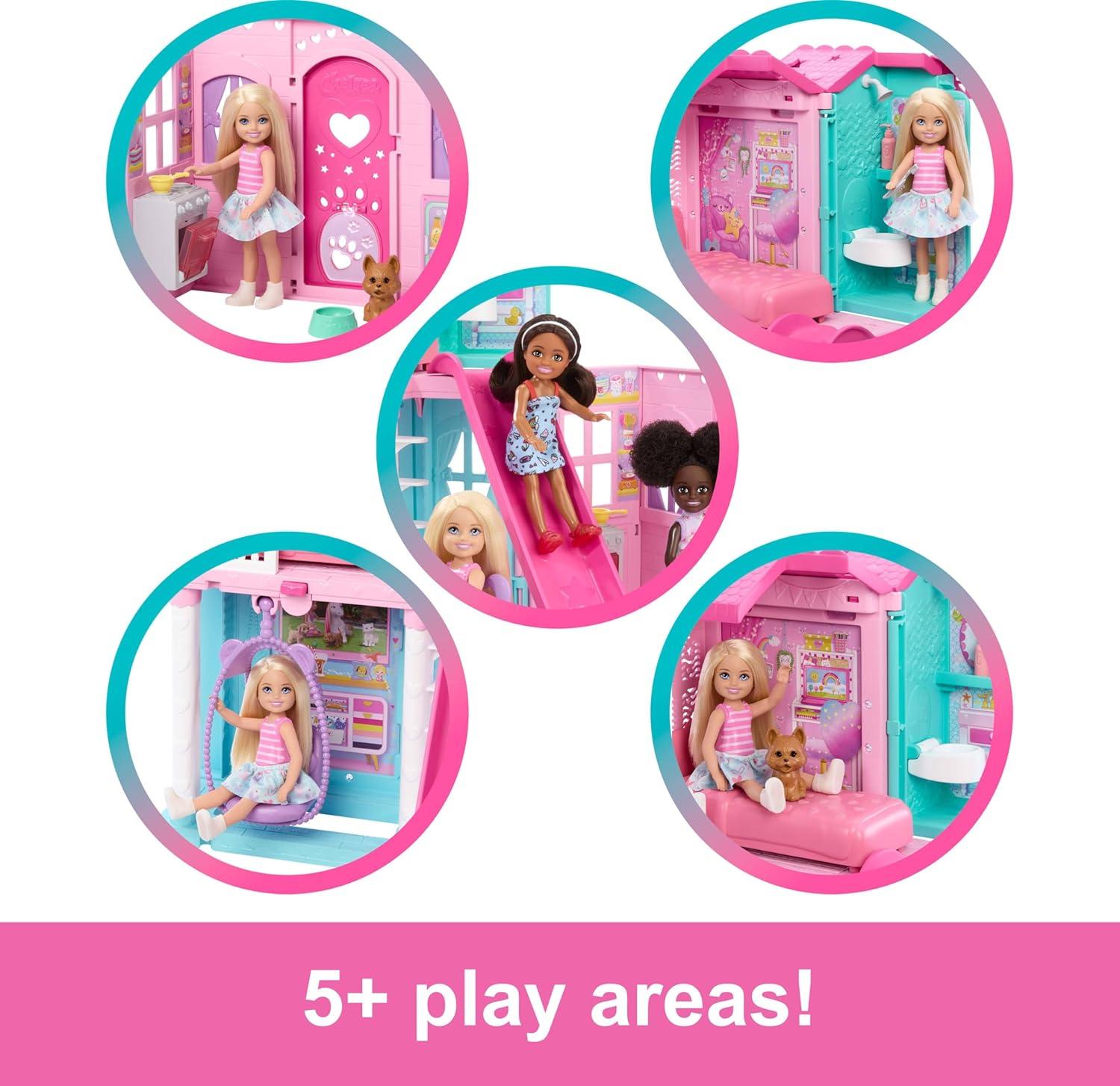 imageBarbie Chelsea Toy Dollhouse with 15 Accessories PopUp House Expands to 17 x 13 inches with 5 Play Areas ampamp Slide Includes Small Doll ampamp Pet Dog