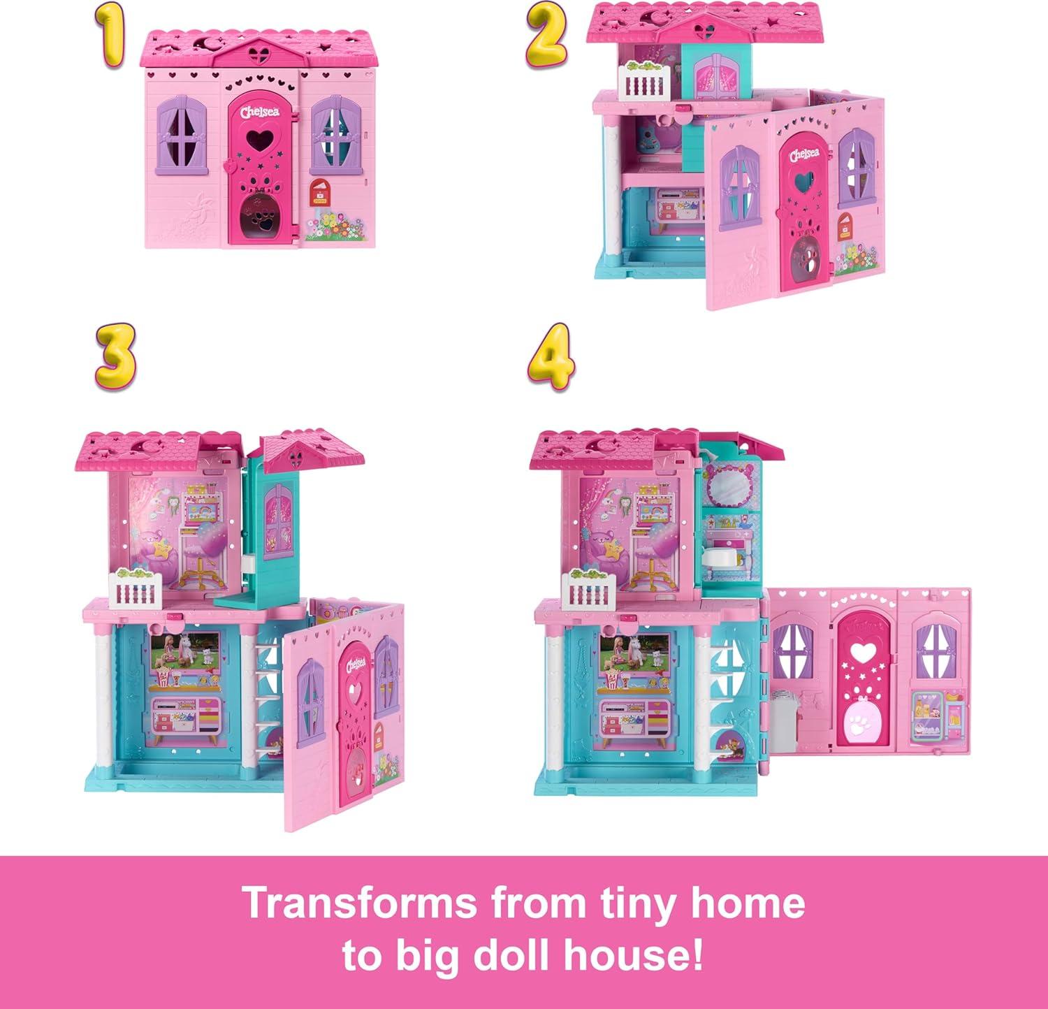 imageBarbie Chelsea Toy Dollhouse with 15 Accessories PopUp House Expands to 17 x 13 inches with 5 Play Areas ampamp Slide Includes Small Doll ampamp Pet Dog