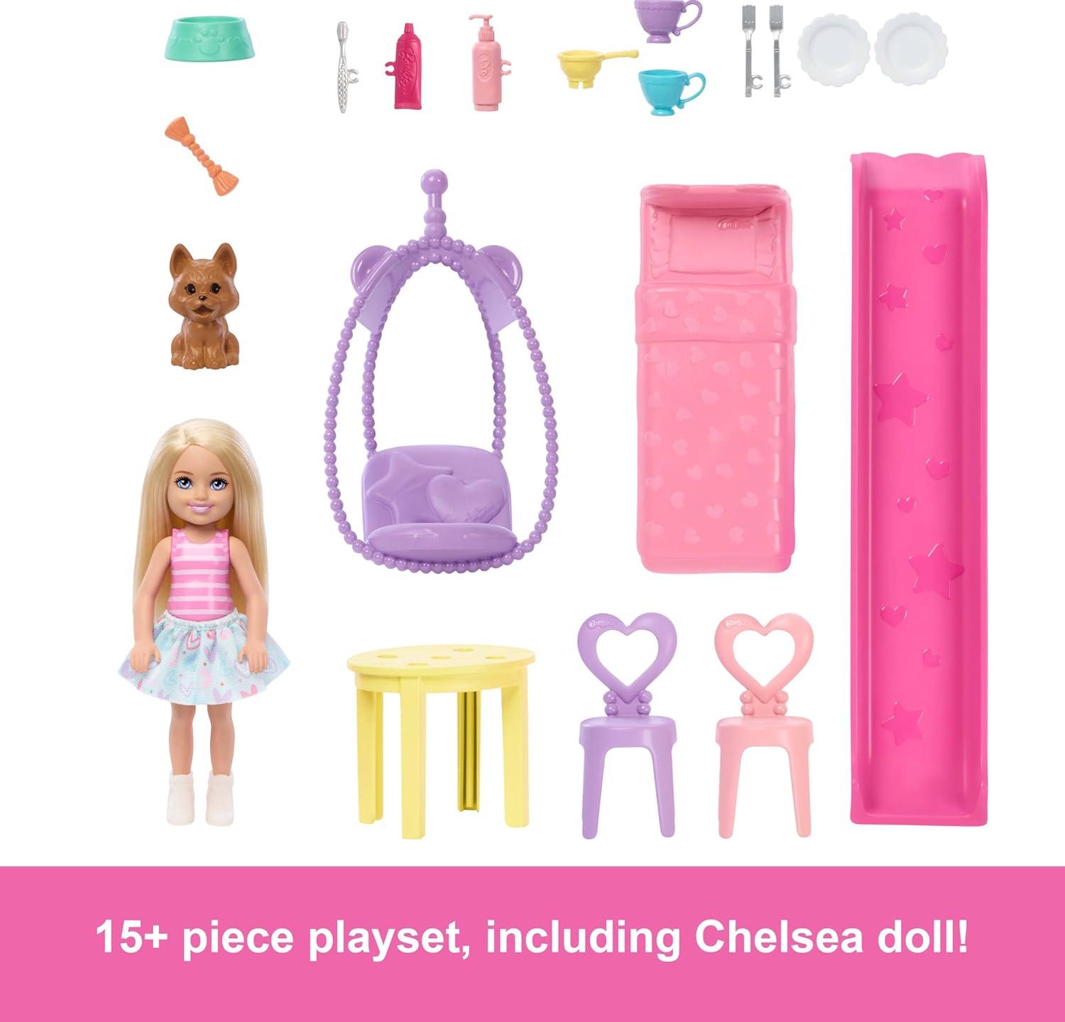 imageBarbie Chelsea Toy Dollhouse with 15 Accessories PopUp House Expands to 17 x 13 inches with 5 Play Areas ampamp Slide Includes Small Doll ampamp Pet Dog
