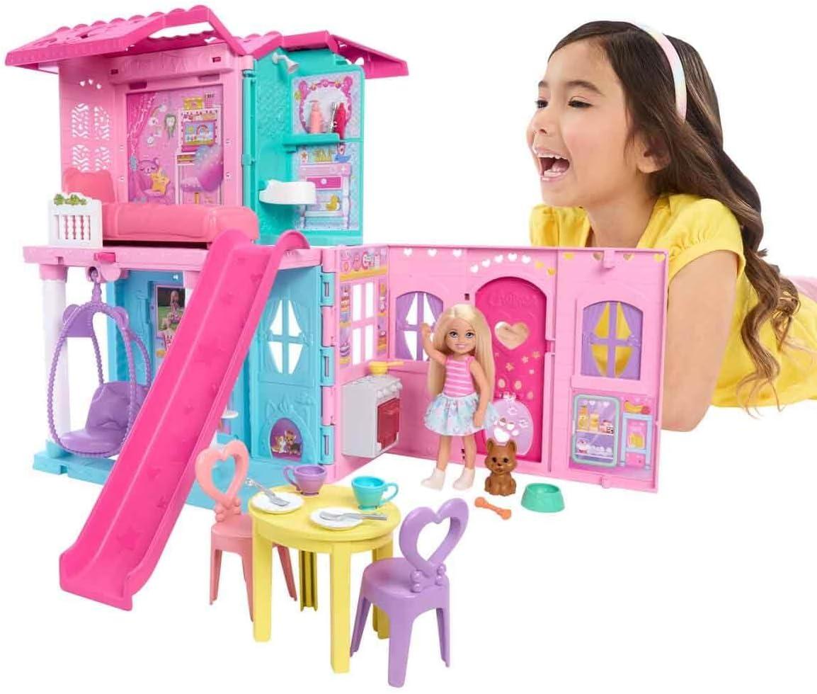 imageBarbie Chelsea Toy Dollhouse with 15 Accessories PopUp House Expands to 17 x 13 inches with 5 Play Areas ampamp Slide Includes Small Doll ampamp Pet Dog
