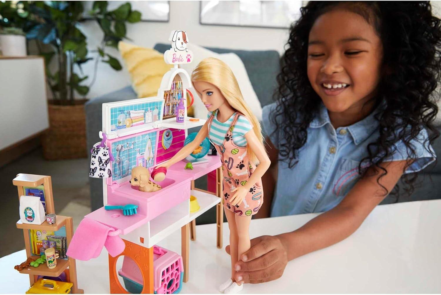 imageBarbie Doll 115in Blonde and Pet Boutique Playset with 4 Pets ColorChange Grooming Feature and Accessories Great Gift for 3 to 7 Year Olds