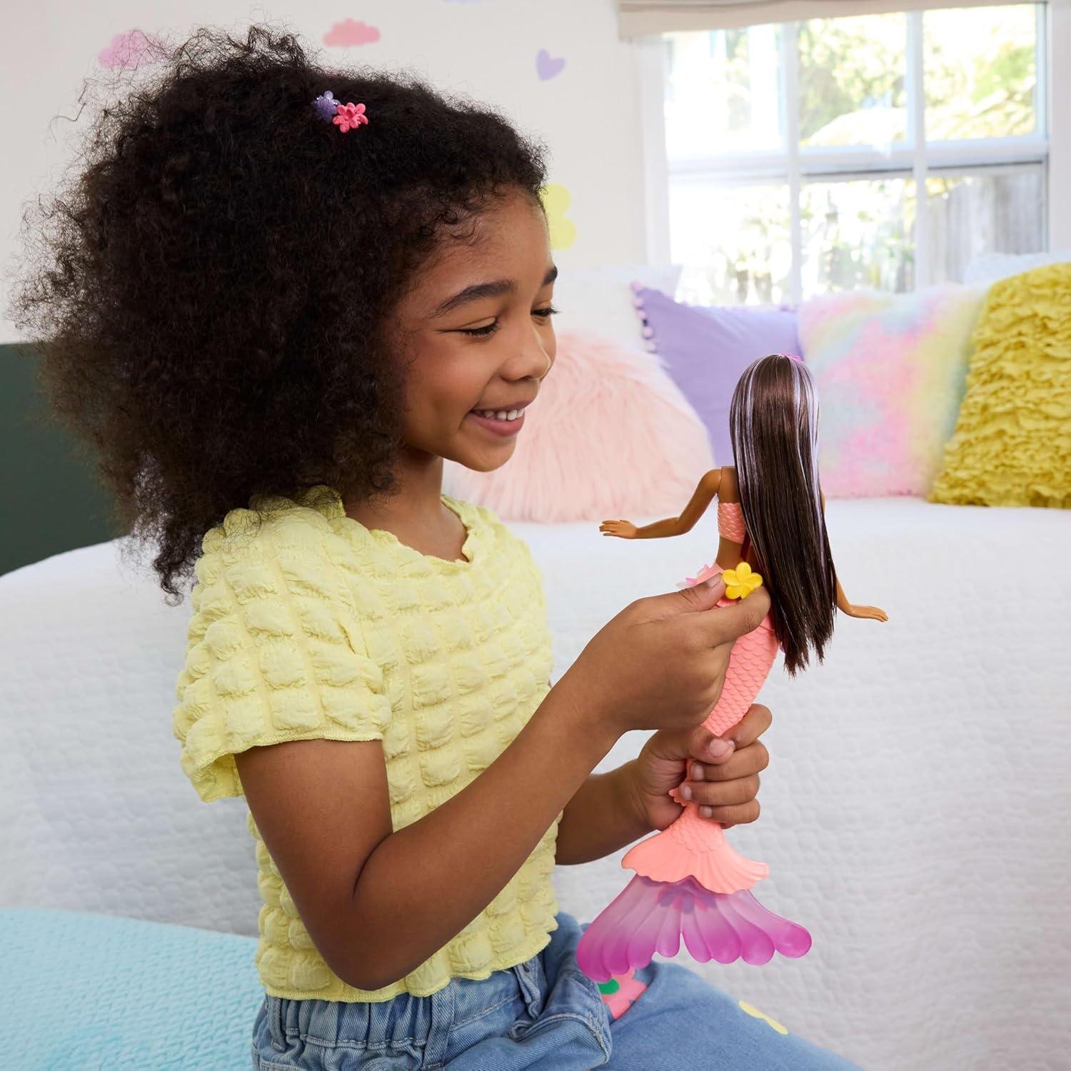 imageBarbie Mermaid Toy Dolls with Surprise Magic Blooming Flowers Feature Ombre Tails Pearl Headband Accessory ampamp Long Brown Hair with Purple Highlights