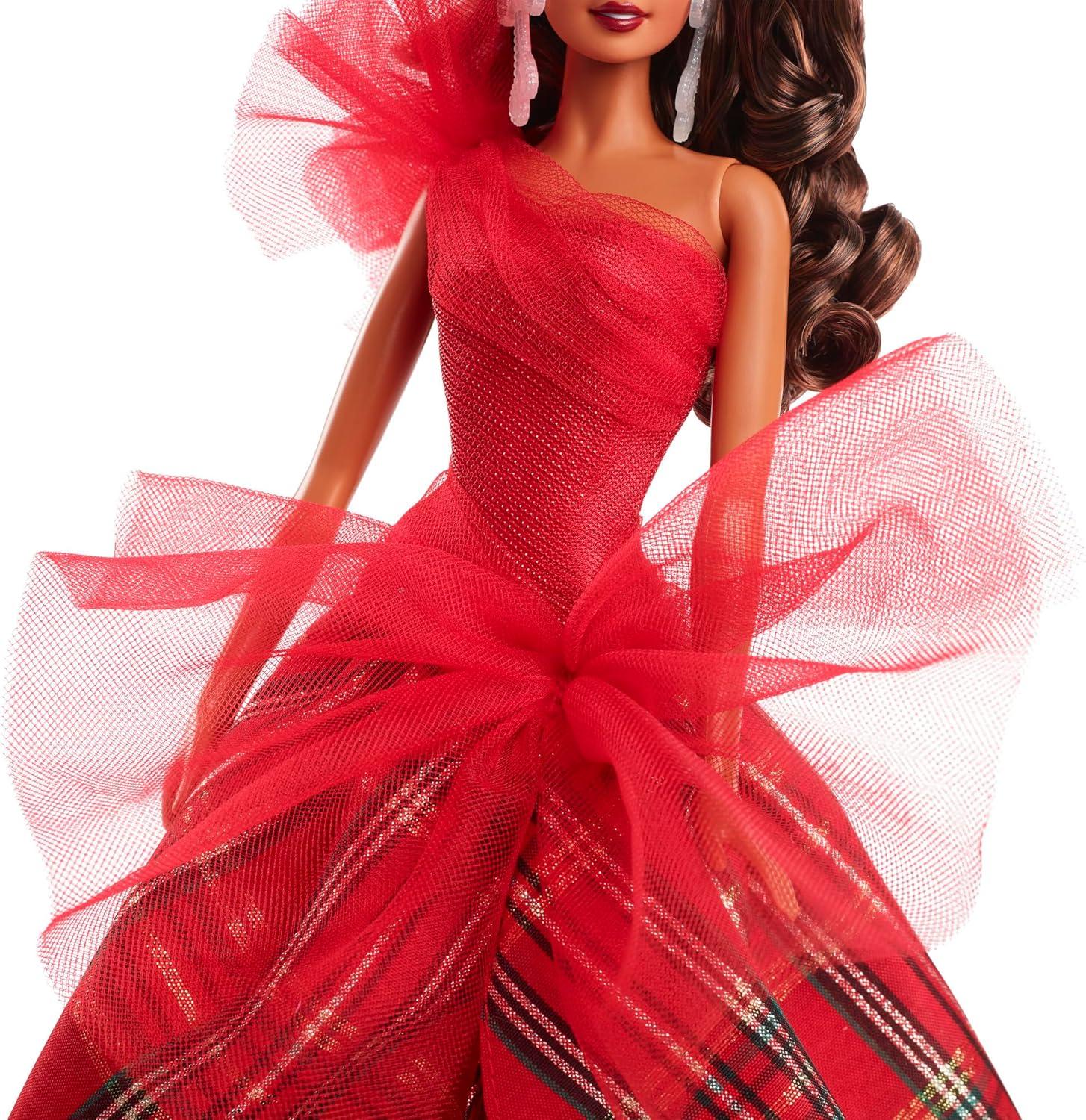 imageBarbie Signature 2024 Holiday Doll with Light Brown Hair in Plaid Gown Collectible Toy in Displayable PackagingMulticolor