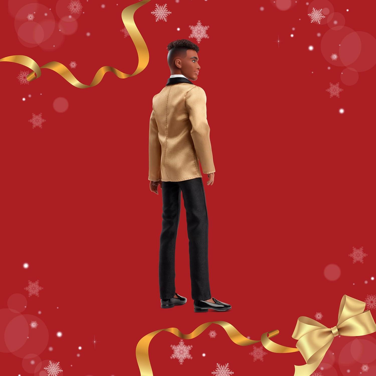 imageBarbie Signature 2025 Holiday Dark Brown Hair Ken Collectible Fashion Doll Wearing Full Suit with Golden Jacket in Displayable Packaging ampamp Doll Stand