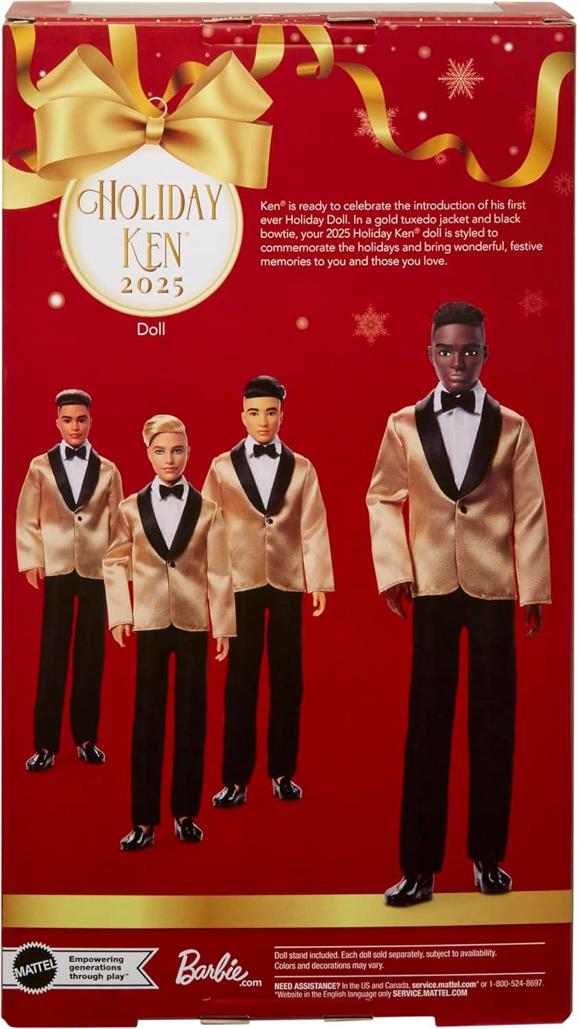 imageBarbie Signature 2025 Holiday Dark Brown Hair Ken Collectible Fashion Doll Wearing Full Suit with Golden Jacket in Displayable Packaging ampamp Doll Stand