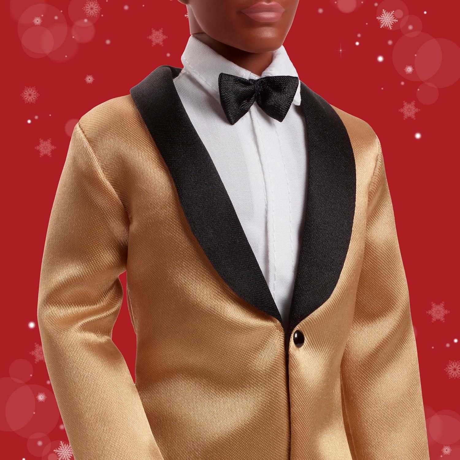 imageBarbie Signature 2025 Holiday Dark Brown Hair Ken Collectible Fashion Doll Wearing Full Suit with Golden Jacket in Displayable Packaging ampamp Doll Stand