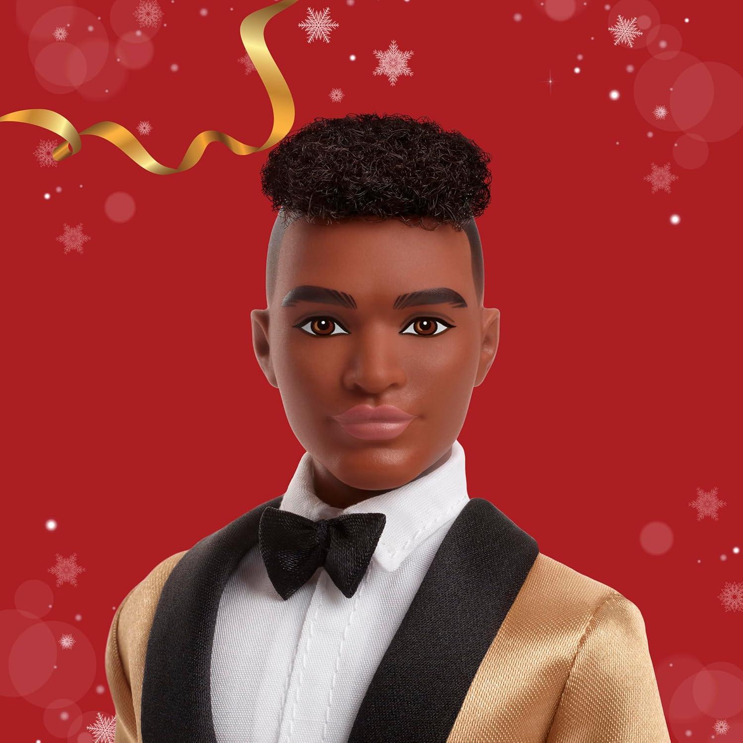imageBarbie Signature 2025 Holiday Dark Brown Hair Ken Collectible Fashion Doll Wearing Full Suit with Golden Jacket in Displayable Packaging ampamp Doll Stand