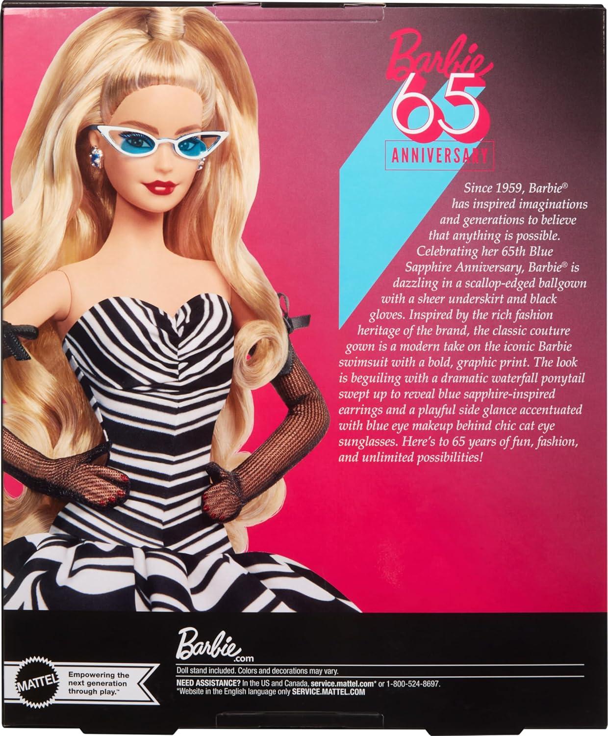 imageBarbie Signature Doll 65th Anniversary Collectible with Blonde Hair Black ampamp White Gown Sapphire Gem Earrings ampamp SunglassesMulticolor