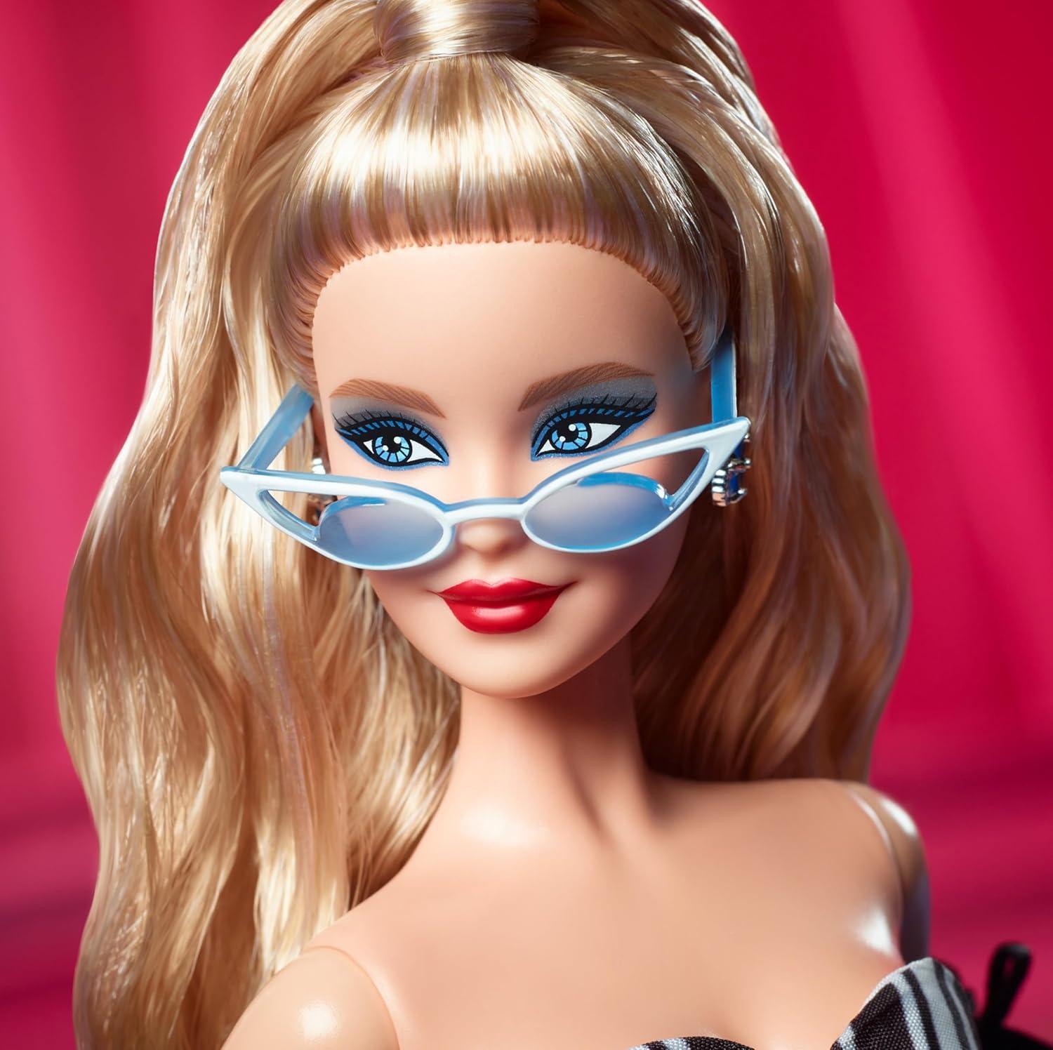imageBarbie Signature Doll 65th Anniversary Collectible with Blonde Hair Black ampamp White Gown Sapphire Gem Earrings ampamp SunglassesMulticolor