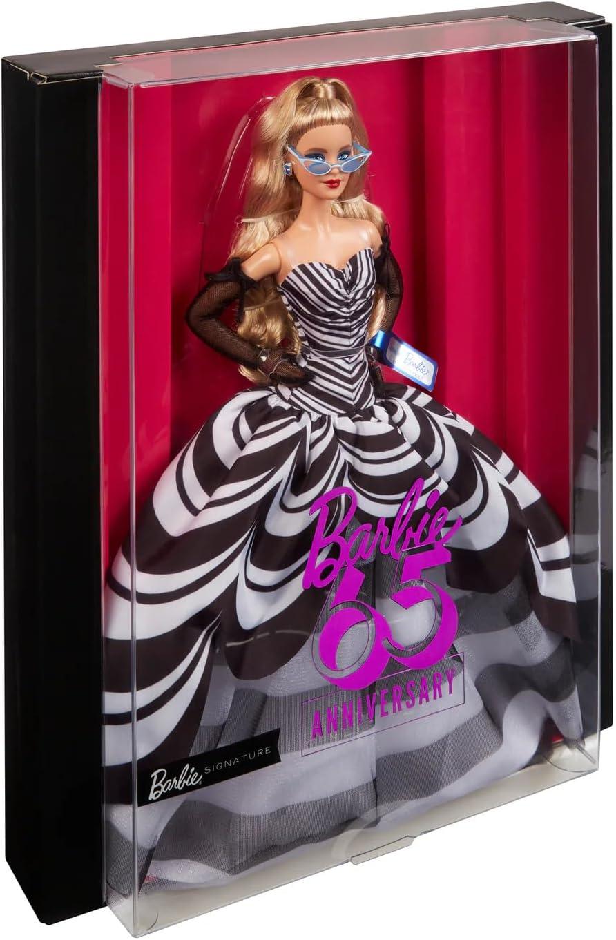 imageBarbie Signature Doll 65th Anniversary Collectible with Blonde Hair Black ampamp White Gown Sapphire Gem Earrings ampamp SunglassesMulticolor