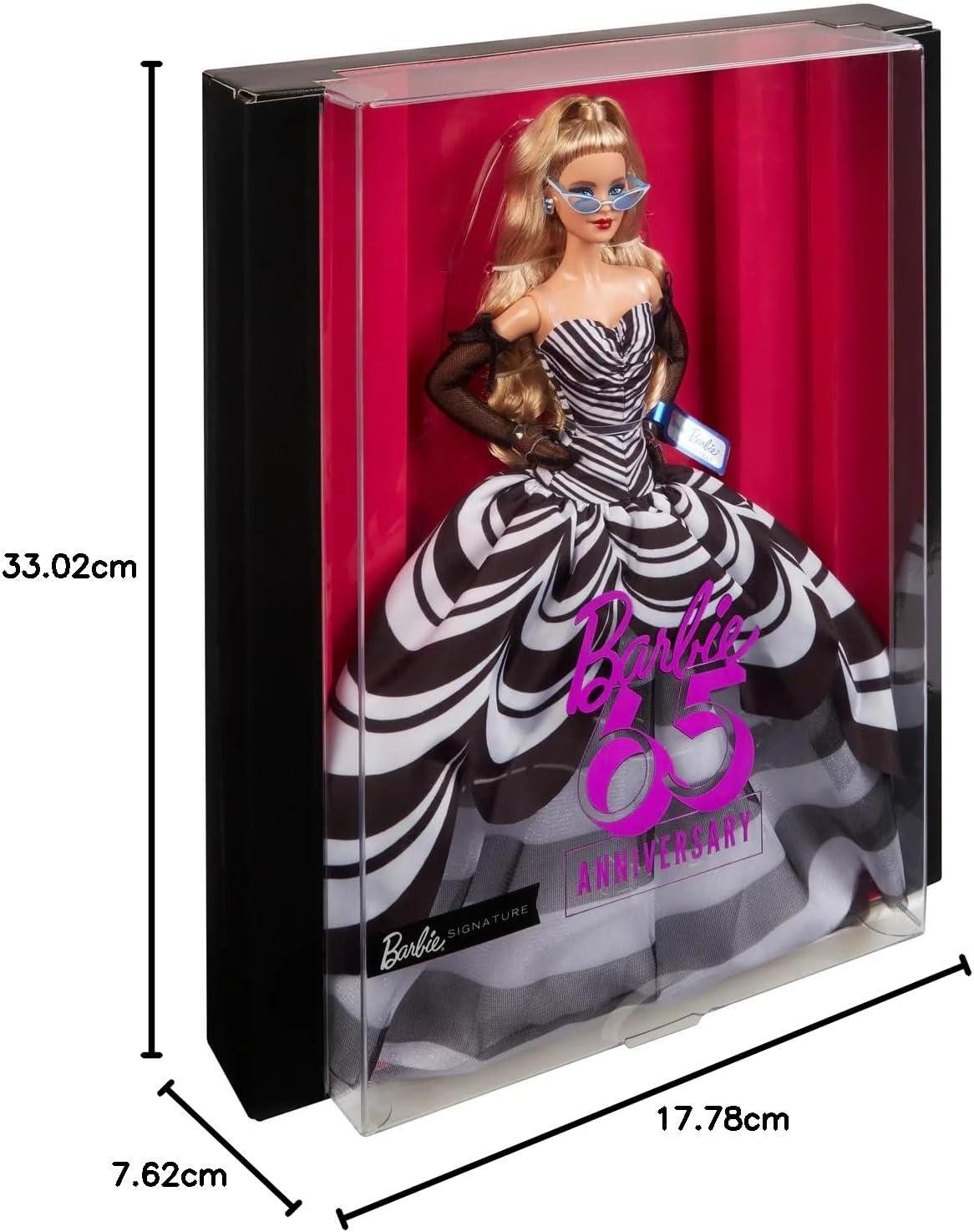 imageBarbie Signature Doll 65th Anniversary Collectible with Blonde Hair Black ampamp White Gown Sapphire Gem Earrings ampamp SunglassesMulticolor