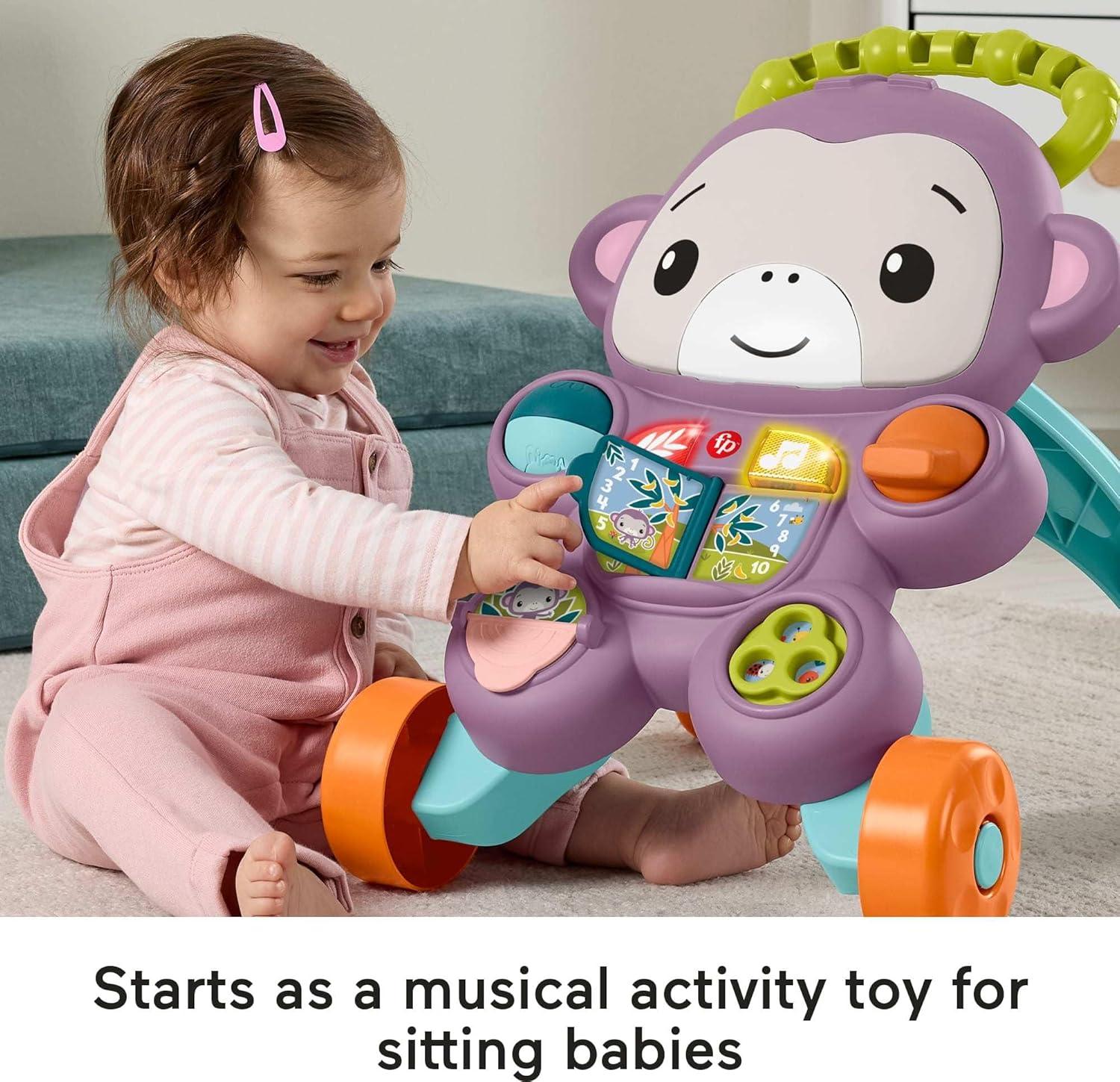 imageFisherPrice Baby Push Toy Learn with Me Purple Monkey Walker Musical Learning Activity with Lights for Infants Ages 6 Months