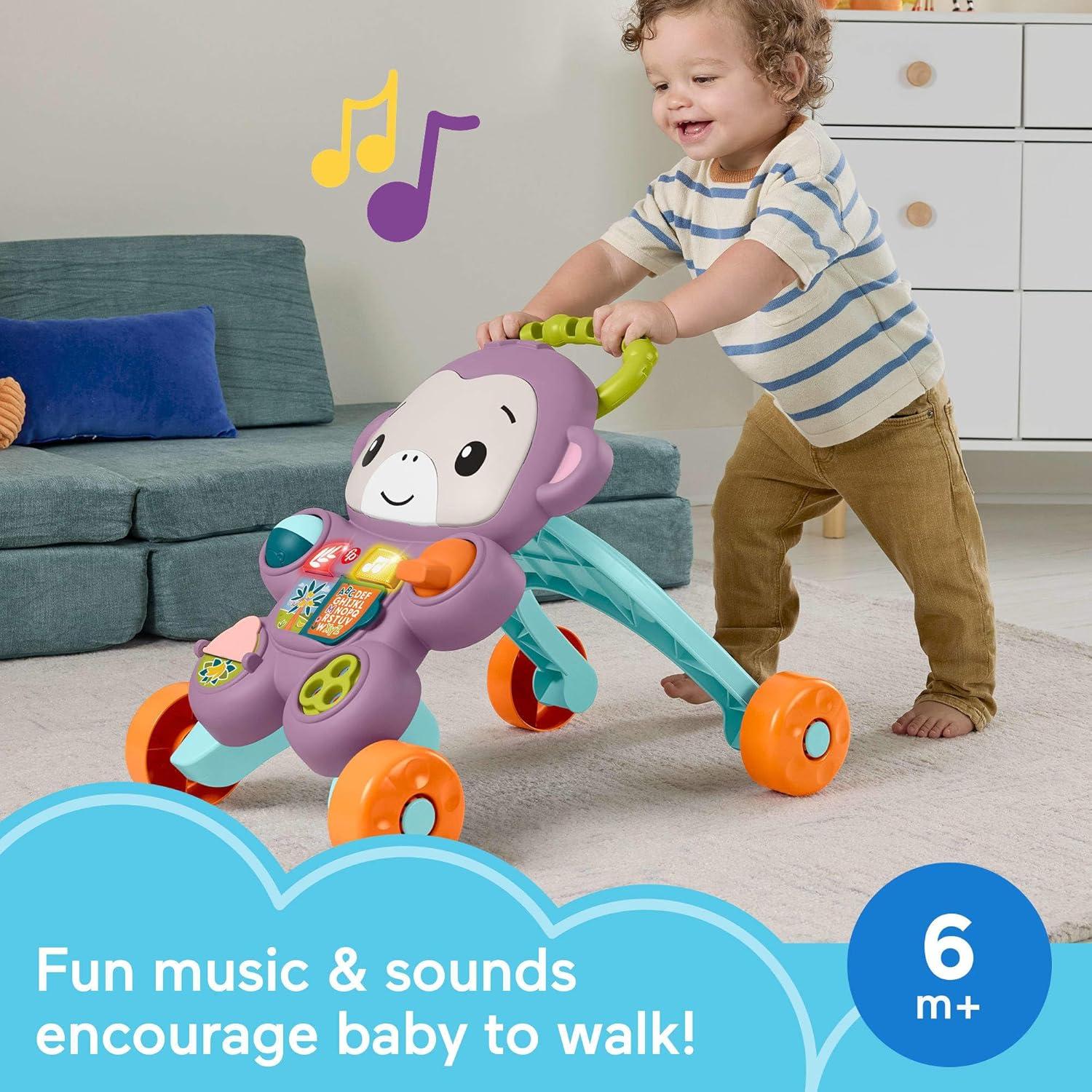imageFisherPrice Baby Push Toy Learn with Me Purple Monkey Walker Musical Learning Activity with Lights for Infants Ages 6 Months