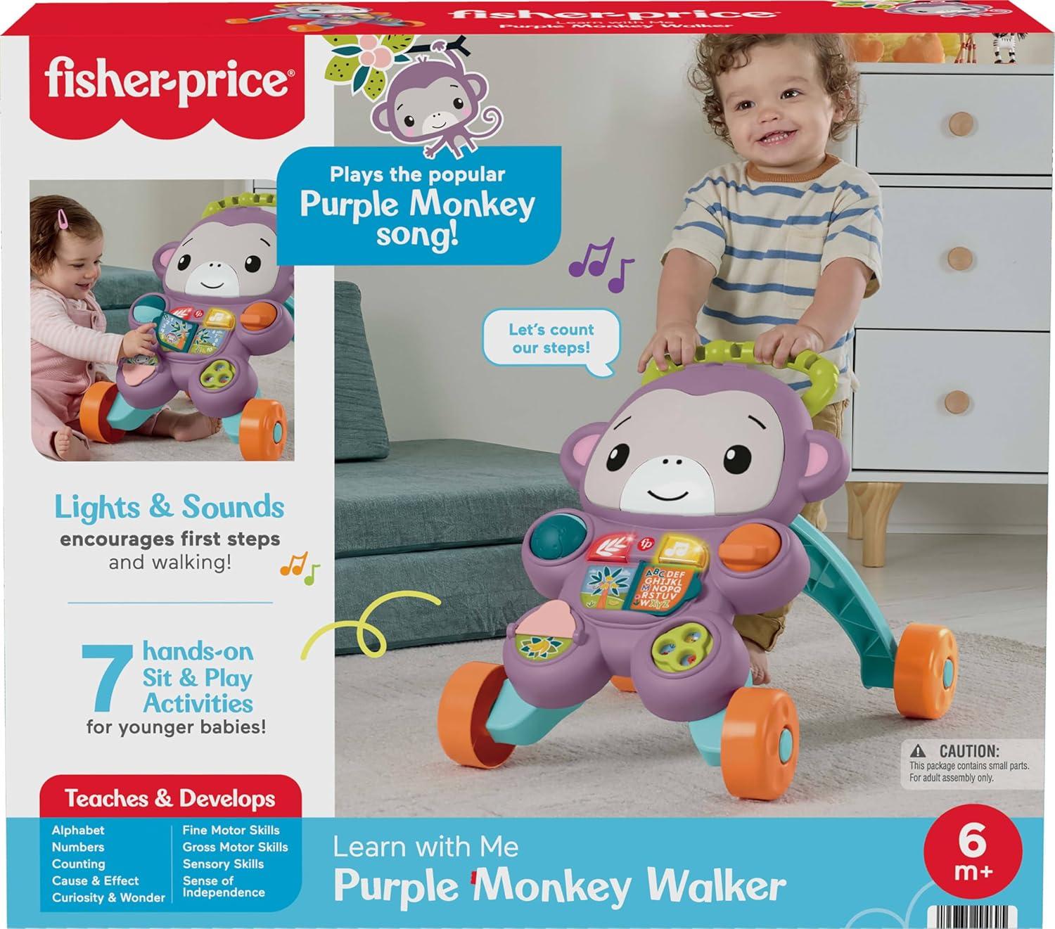 imageFisherPrice Baby Push Toy Learn with Me Purple Monkey Walker Musical Learning Activity with Lights for Infants Ages 6 Months
