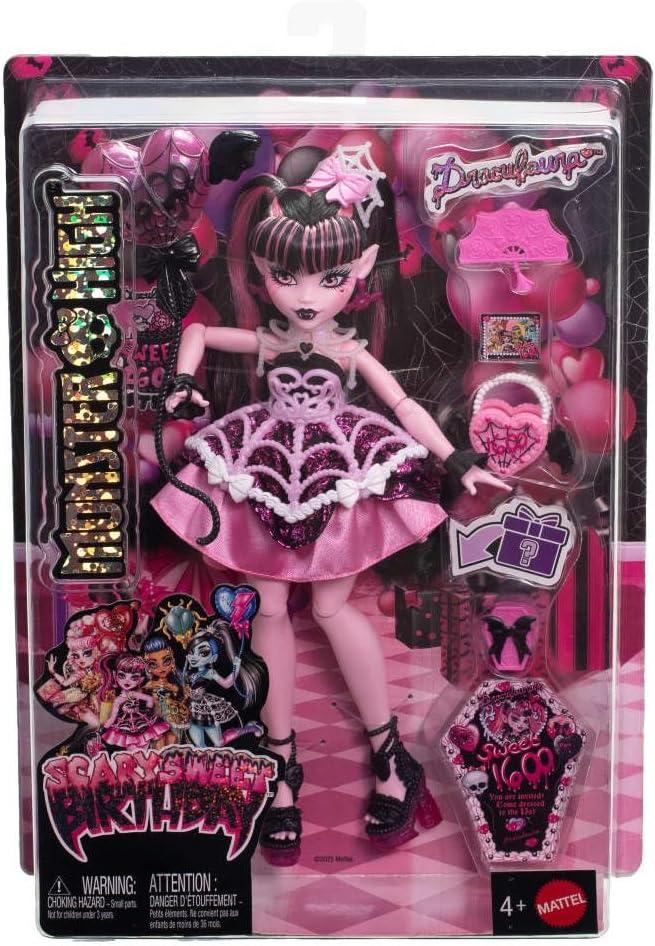 imageMonster High Scary Sweet Birthday Doll Frankie Stein in Black Party Dress with Themed Accessories Like Invite Balloon Toy Lipstick and MoreDraculaura