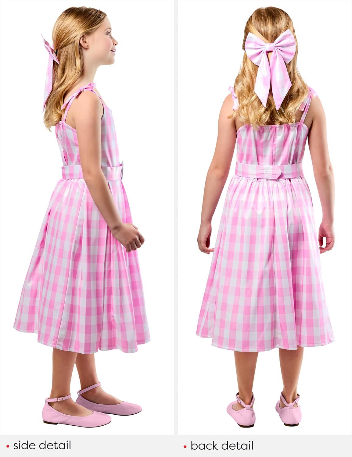imageRubies Barbie Perfect Day Cute Costume Dress in Pink from the Barbie Movie with Belt and Hair Bow For Kids Girls