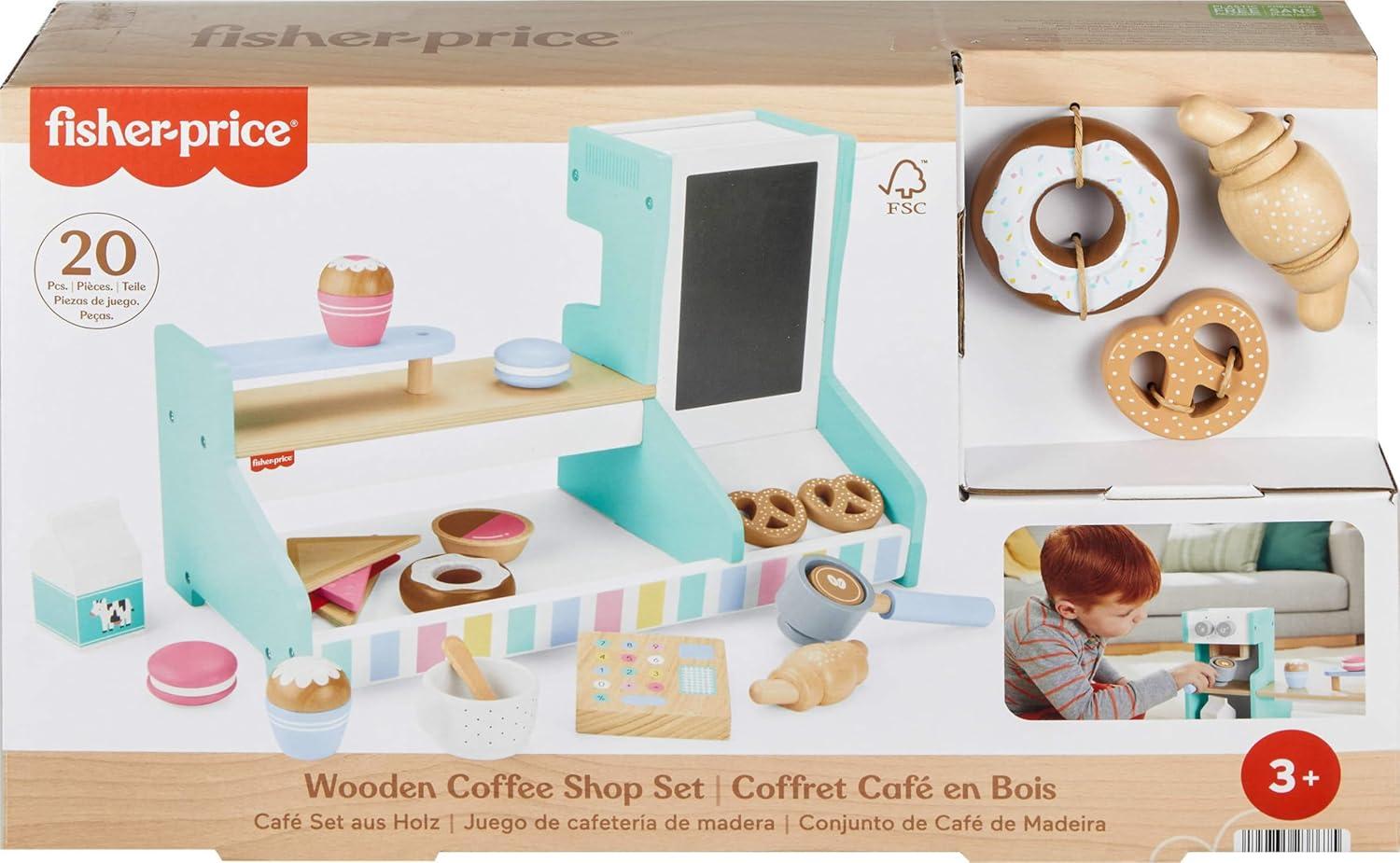 imageFisherPrice Wood Pretend Play Coffee Shop ampamp Toy Register 20Piece Wooden Food Playset for Preschool Kids Ages 3 YearsCoffee Shop