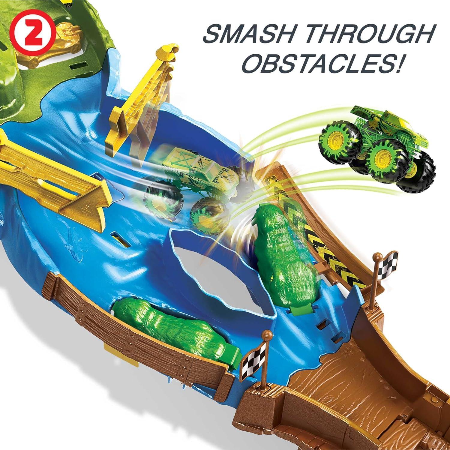imageHot Wheels Monster Trucks Playset with Monster Trucks Bigfoot ampamp Gunkster Convenient Storage Wreckin RacewayRaceway Playset