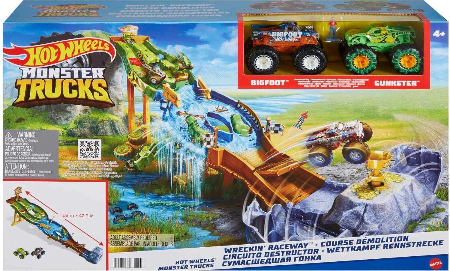 imageHot Wheels Monster Trucks Playset with Monster Trucks Bigfoot ampamp Gunkster Convenient Storage Wreckin RacewayRaceway Playset