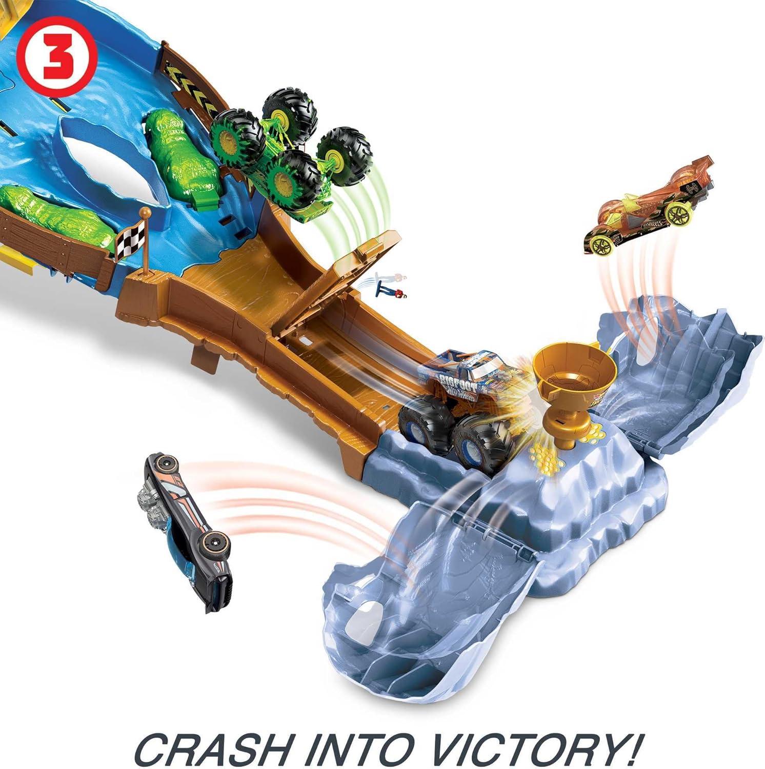 imageHot Wheels Monster Trucks Playset with Monster Trucks Bigfoot ampamp Gunkster Convenient Storage Wreckin RacewayRaceway Playset