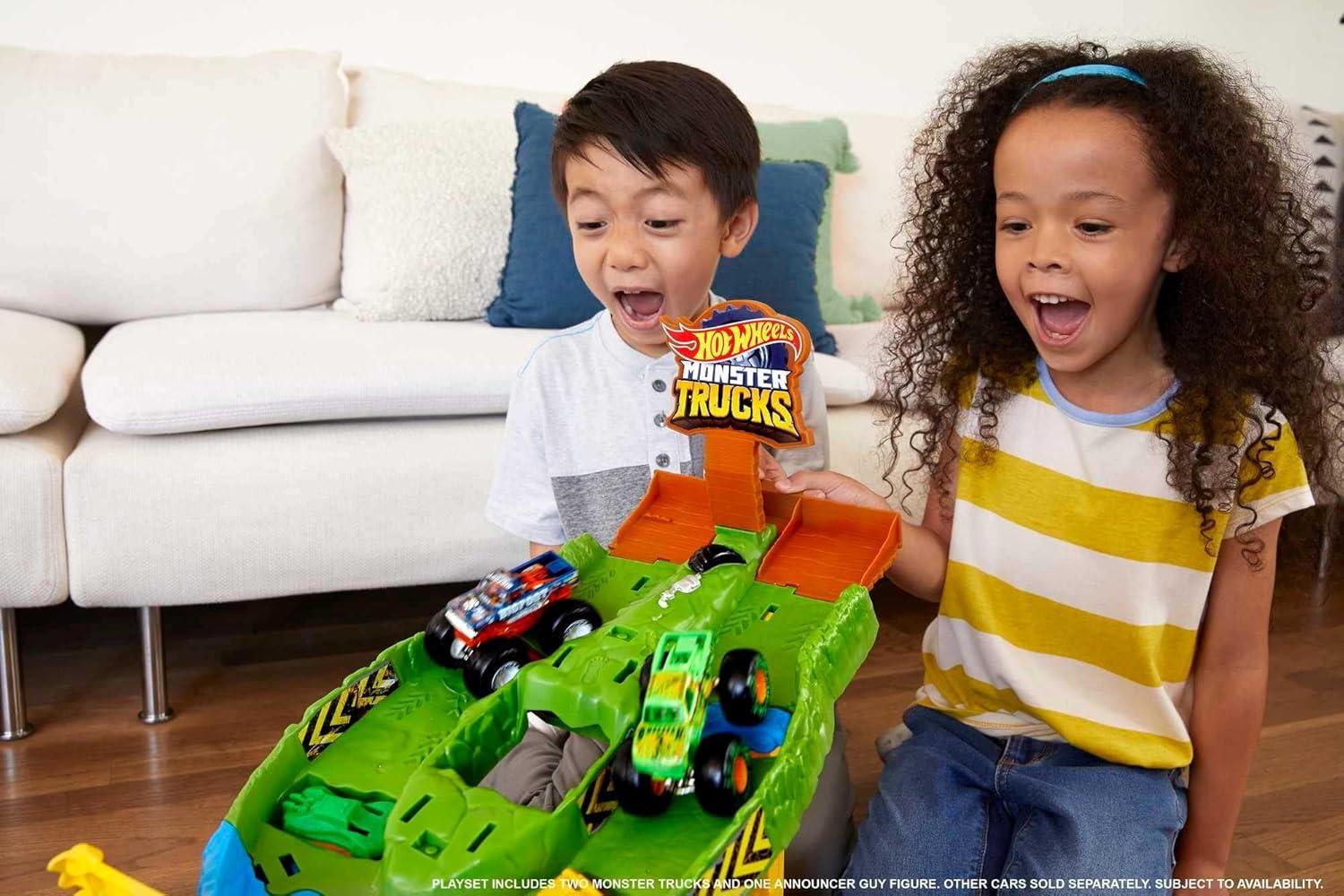 imageHot Wheels Monster Trucks Playset with Monster Trucks Bigfoot ampamp Gunkster Convenient Storage Wreckin RacewayRaceway Playset