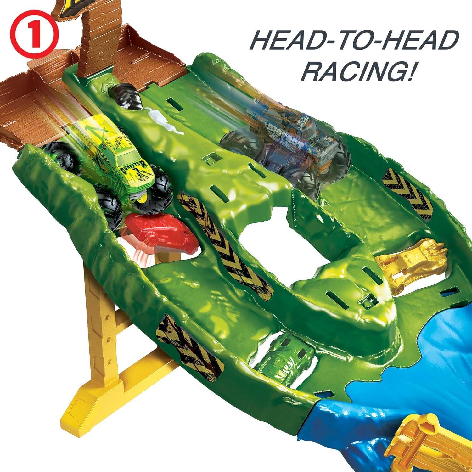 imageHot Wheels Monster Trucks Playset with Monster Trucks Bigfoot ampamp Gunkster Convenient Storage Wreckin RacewayRaceway Playset