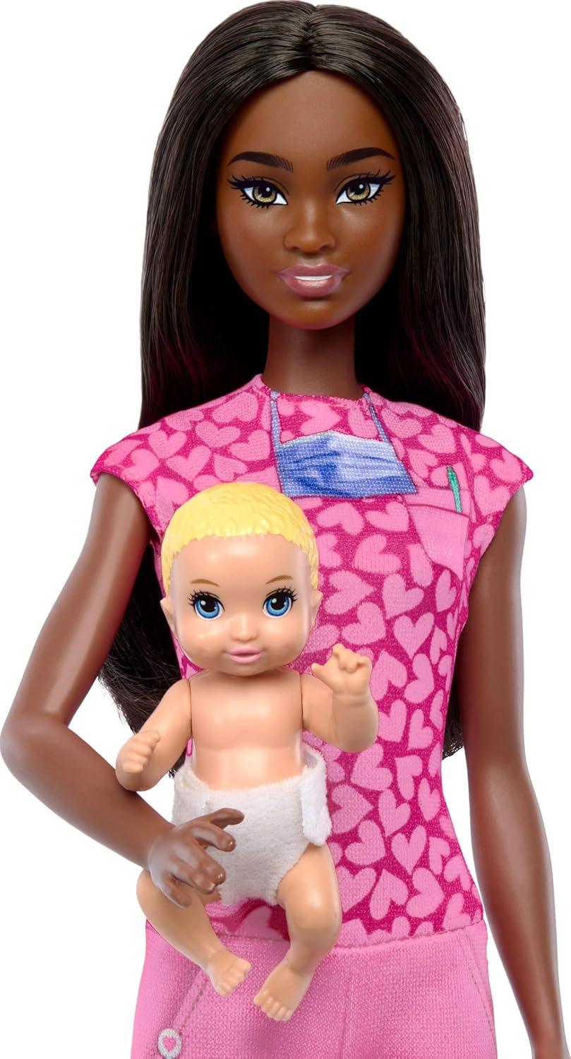 imageBarbie Baby Doctor with Brunette Fashion Doll Wearing Pink Scrubs 1 Baby Doll with Accessories ampamp Furniture