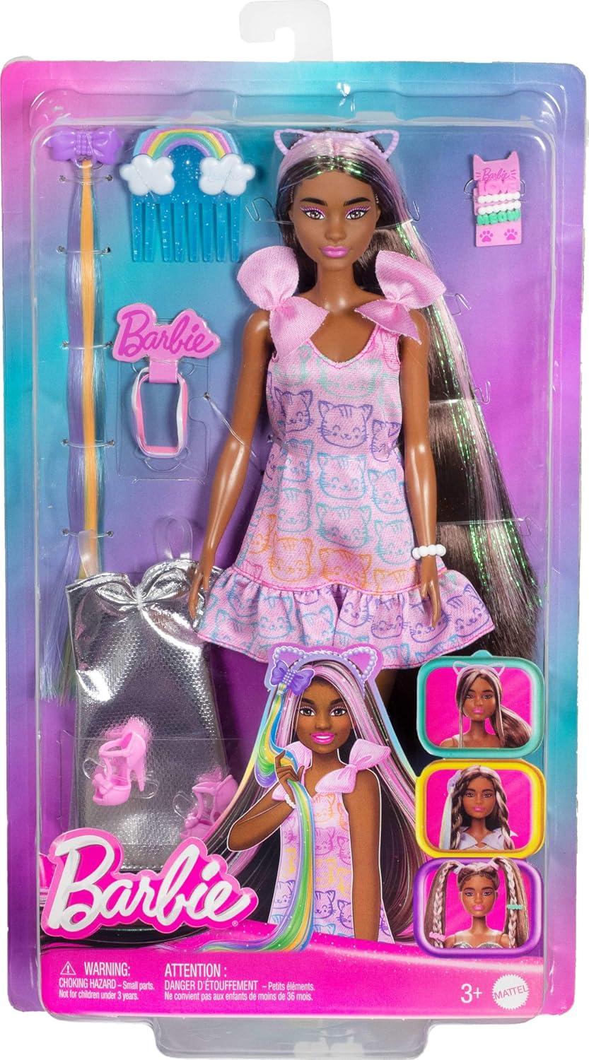 imageBarbie Fun ampamp Fancy Fashion Doll ampamp Accessories with ExtraLong Black Hair ampamp 2 Looks Including Silver Dress ampamp Hair Extension