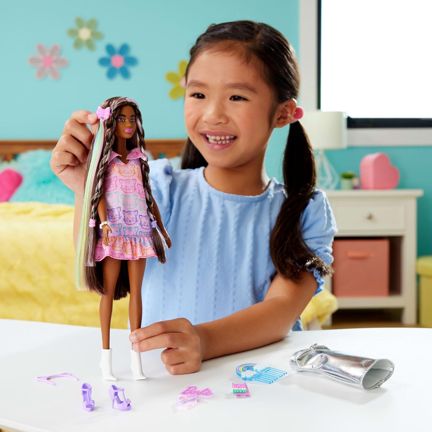 imageBarbie Fun ampamp Fancy Fashion Doll ampamp Accessories with ExtraLong Black Hair ampamp 2 Looks Including Silver Dress ampamp Hair Extension