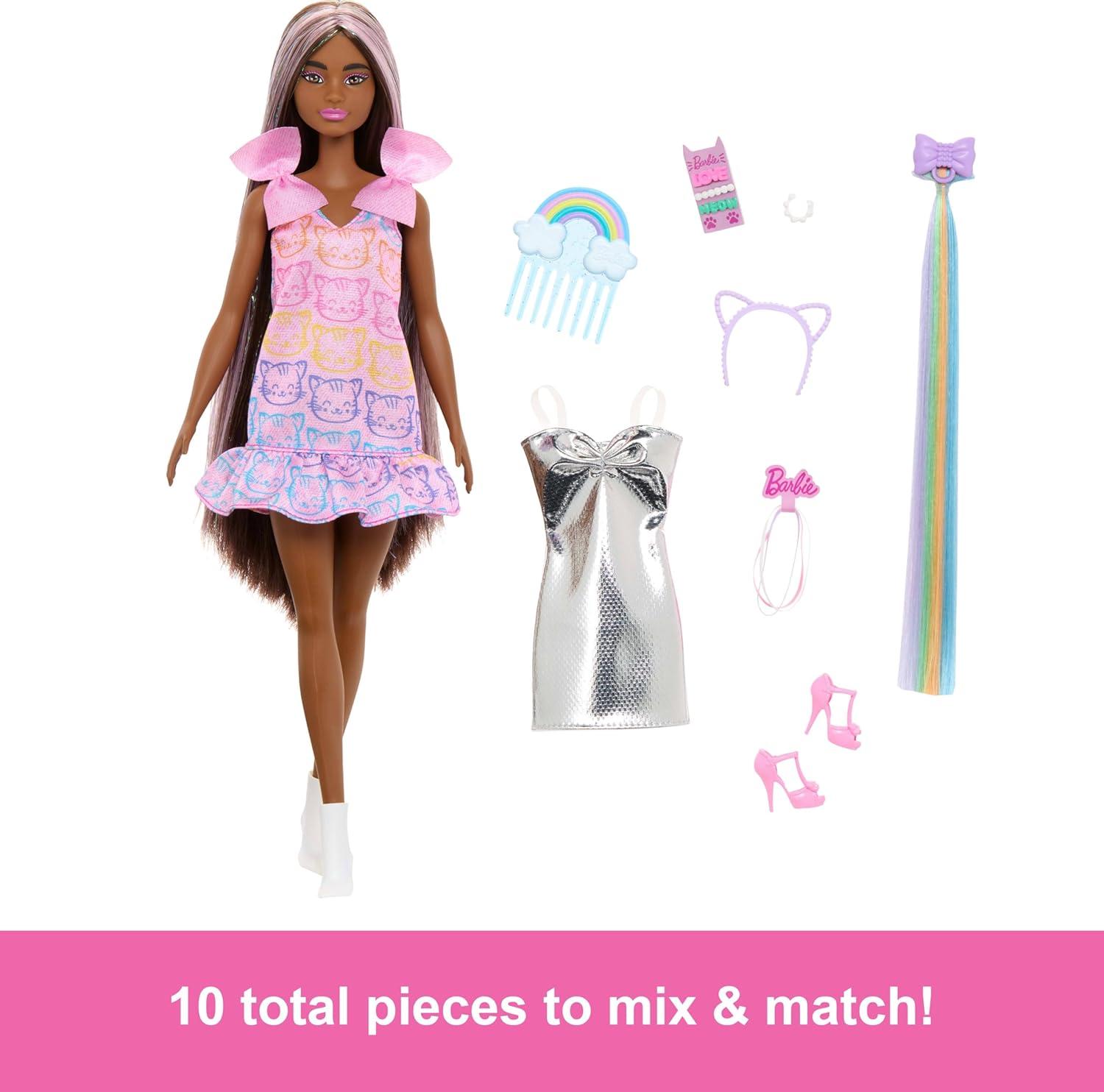 imageBarbie Fun ampamp Fancy Fashion Doll ampamp Accessories with ExtraLong Black Hair ampamp 2 Looks Including Silver Dress ampamp Hair Extension