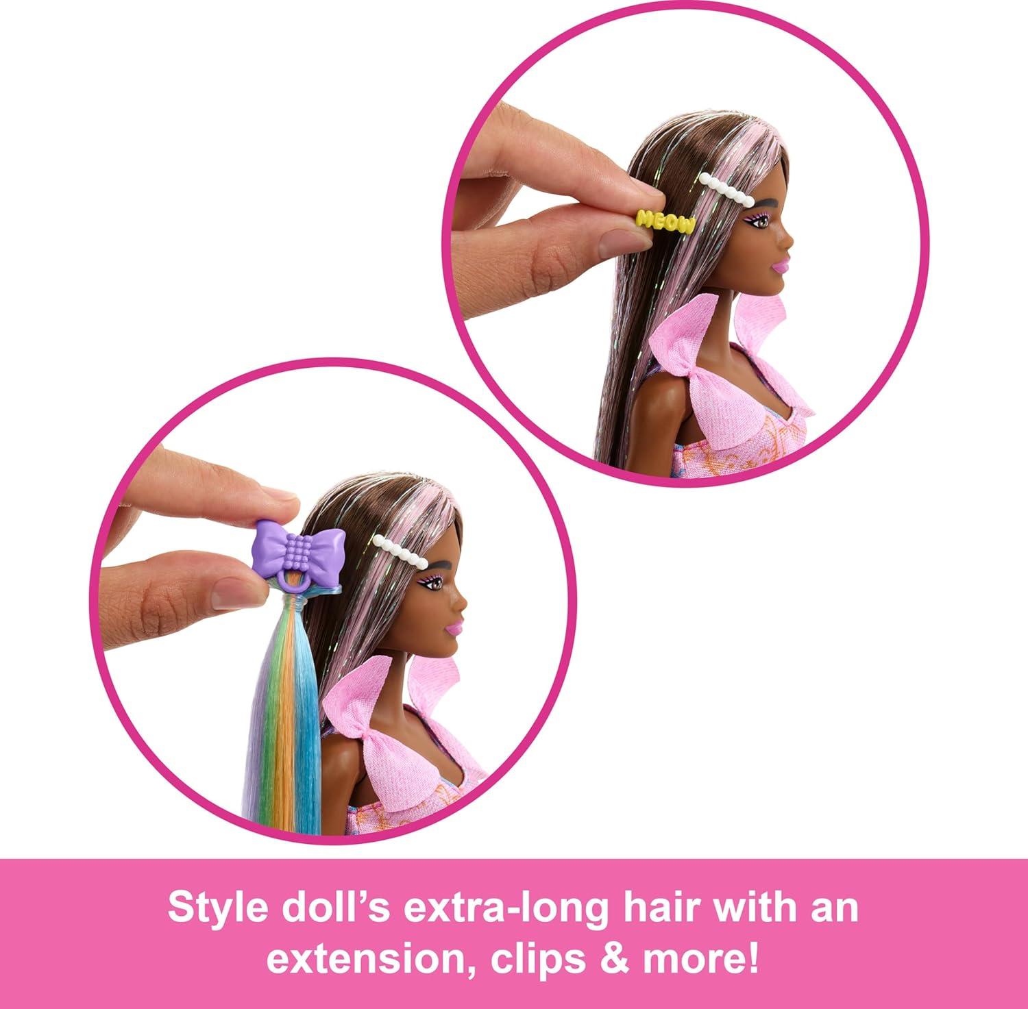imageBarbie Fun ampamp Fancy Fashion Doll ampamp Accessories with ExtraLong Black Hair ampamp 2 Looks Including Silver Dress ampamp Hair Extension